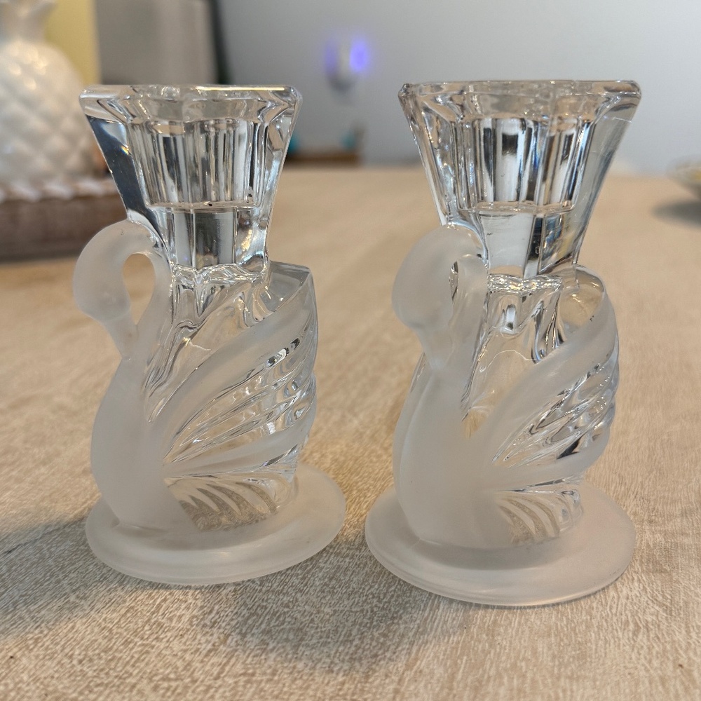 PartyLite Vintage Frosted Crystal Glass Swan Candle Holders